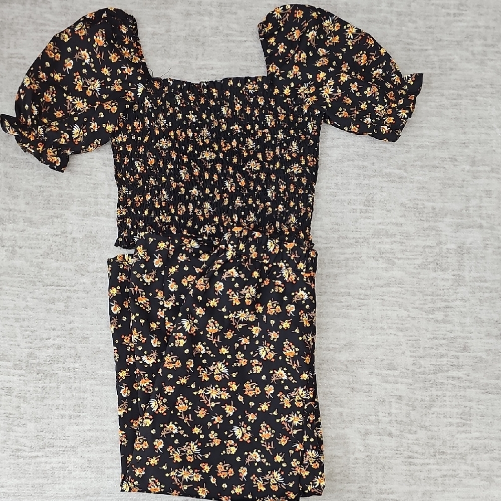 Japna Black and Orange Smocked Puff Sleeve Sundress